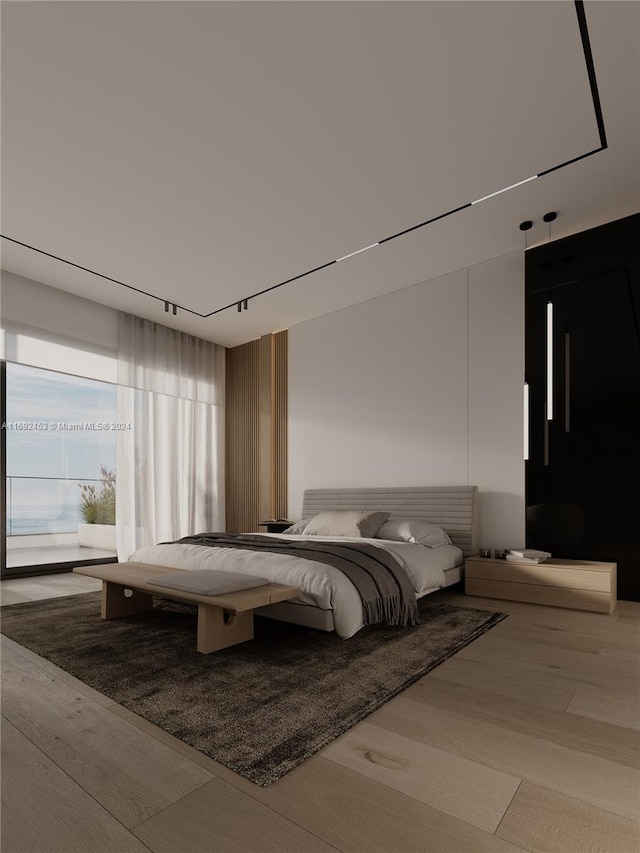 bedroom featuring light hardwood / wood-style floors and track lighting