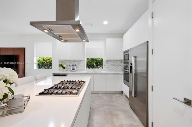 kitchen with island exhaust hood, white cabinetry, sink, and stainless steel appliances