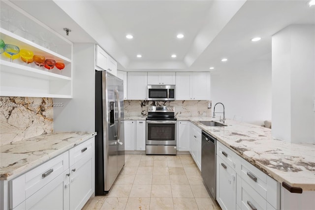 kitchen featuring sink, tasteful backsplash, kitchen peninsula, white cabinets, and appliances with stainless steel finishes