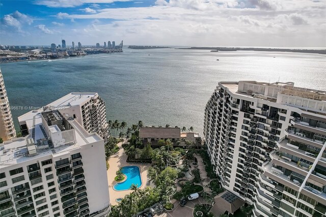 aerial view featuring a water view