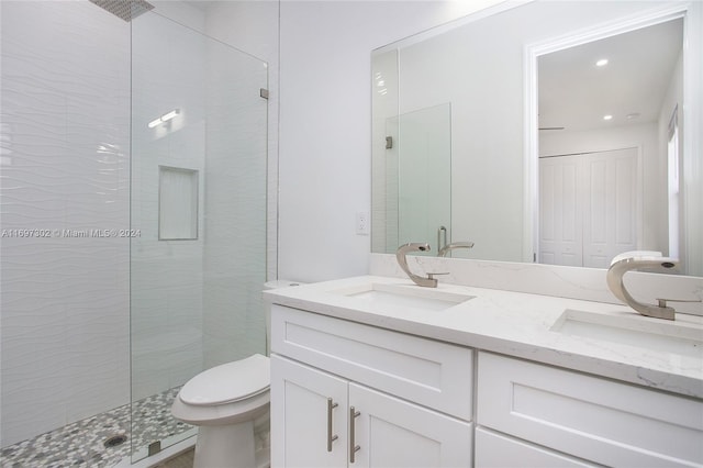 bathroom with vanity, toilet, and walk in shower