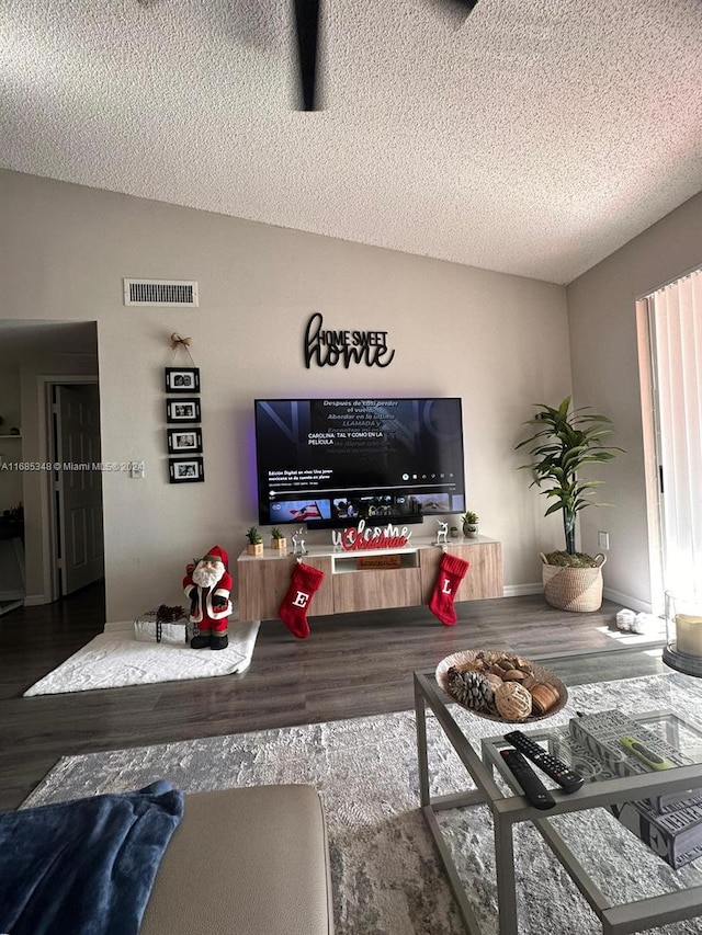 living room featuring wood-type flooring and a textured ceiling