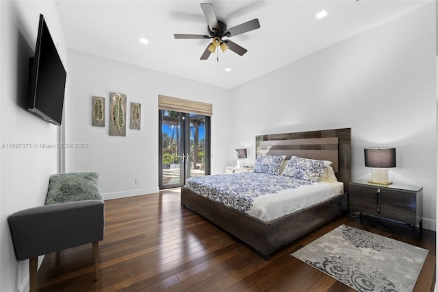 bedroom featuring dark wood-type flooring, access to outside, ceiling fan, and french doors