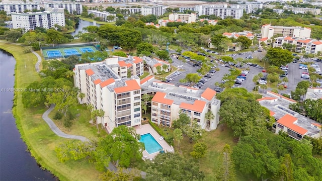 drone / aerial view with a water view