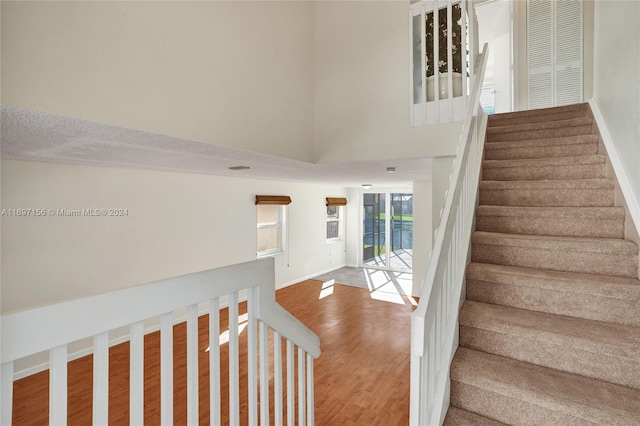 stairs with hardwood / wood-style flooring