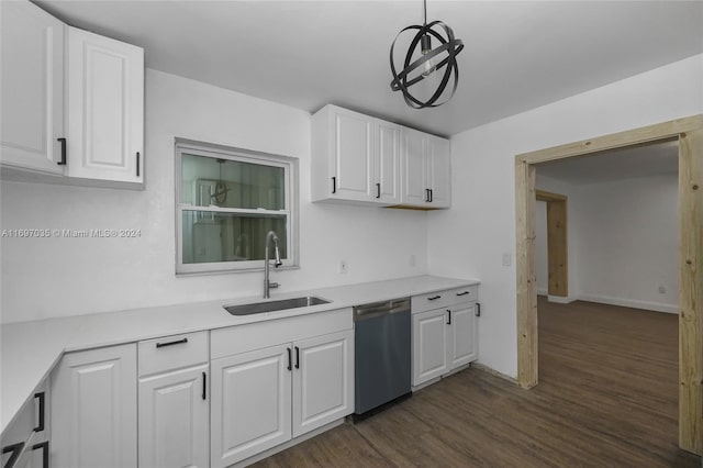 kitchen with white cabinets, stainless steel dishwasher, dark wood-type flooring, and sink