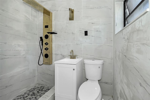 1369 NW 96th St, Miami, FL 33147 - bathroom featuring tile walls, a marble finish shower, and vanity