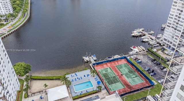 aerial view featuring a water view