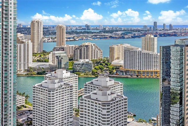 birds eye view of property with a water view