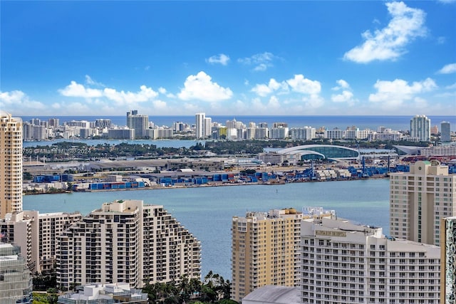 birds eye view of property with a water view