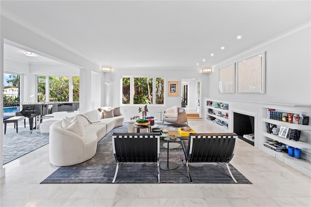 living room with ornamental molding