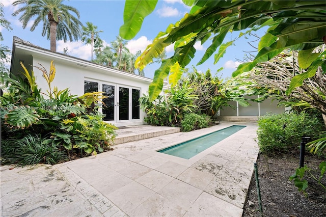 view of swimming pool with a patio and french doors