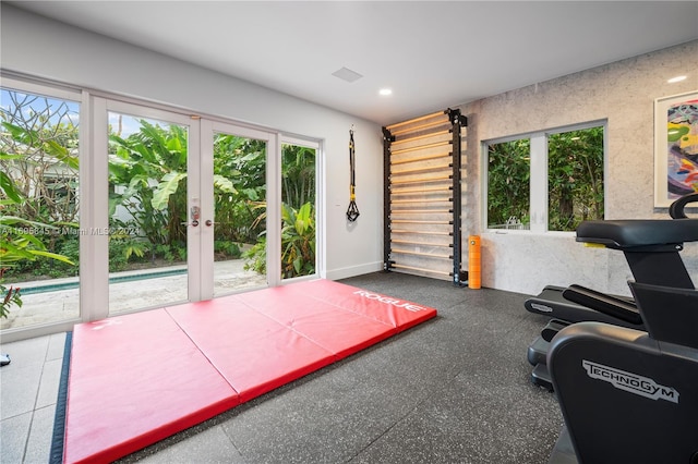 exercise area featuring plenty of natural light and french doors