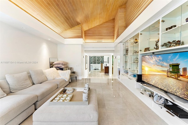 living room featuring wood ceiling