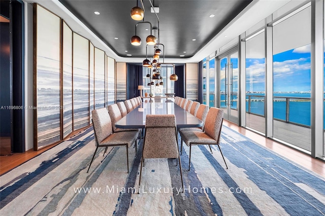 unfurnished dining area with a tray ceiling, a water view, and hardwood / wood-style flooring