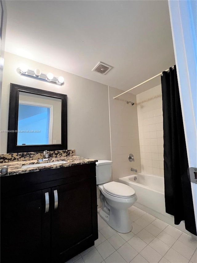 full bathroom with tile patterned flooring, vanity, toilet, and shower / bathtub combination with curtain