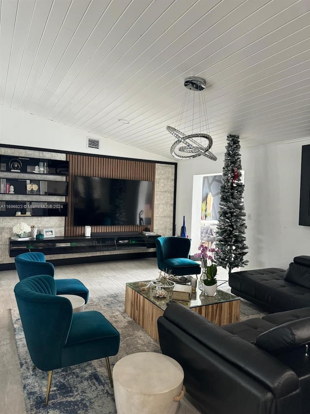 living room with a notable chandelier, wood ceiling, and vaulted ceiling