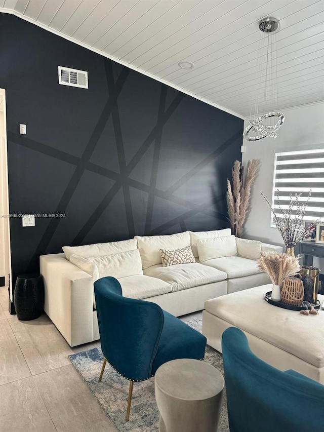 living room with wood ceiling