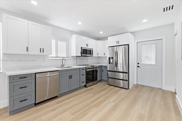 kitchen with sink, light hardwood / wood-style floors, gray cabinets, white cabinets, and appliances with stainless steel finishes