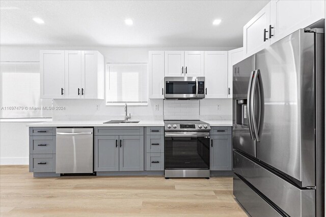 kitchen featuring white cabinets, appliances with stainless steel finishes, gray cabinets, and sink