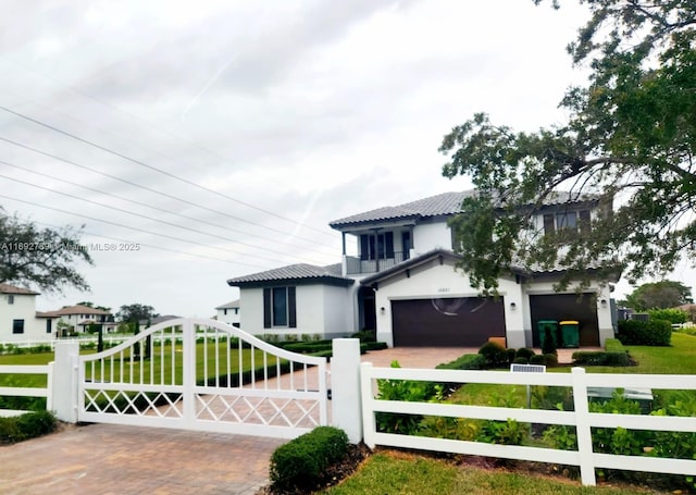 view of front of house with a fenced front yard, a gate, decorative driveway, and a front yard