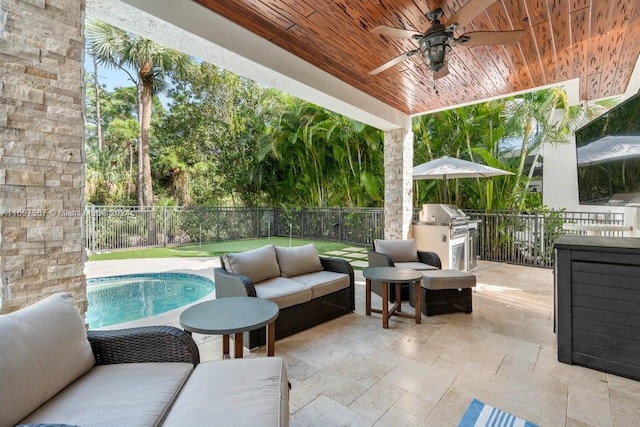 view of patio / terrace with ceiling fan, area for grilling, a fenced in pool, and an outdoor living space