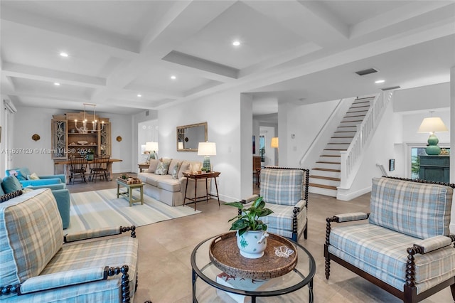 living room with beam ceiling, an inviting chandelier, and coffered ceiling