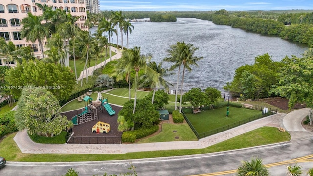 bird's eye view with a water view