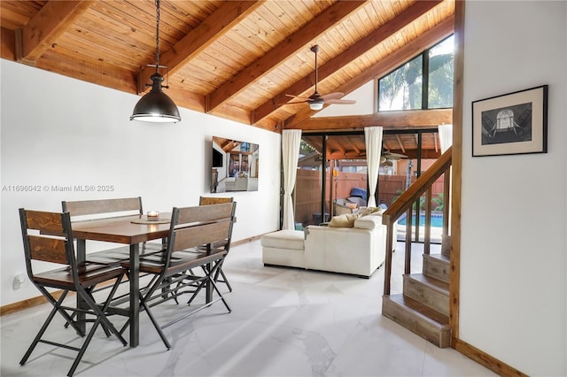 dining area featuring ceiling fan, beam ceiling, wood ceiling, and high vaulted ceiling