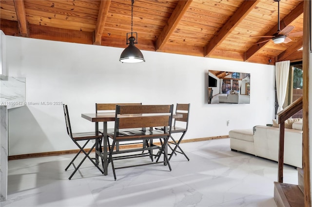 dining area with lofted ceiling with beams, ceiling fan, and wood ceiling