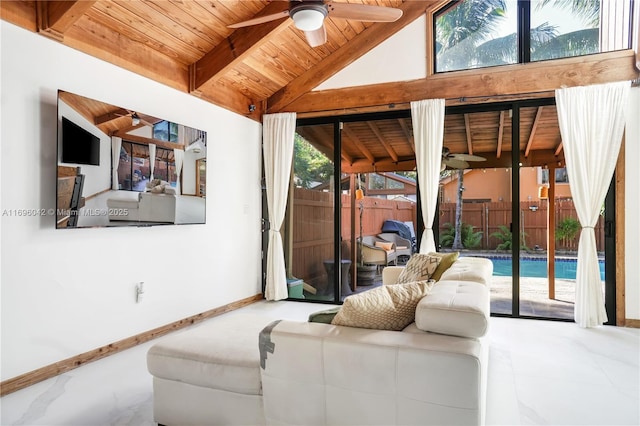 living room with ceiling fan, high vaulted ceiling, and wood ceiling