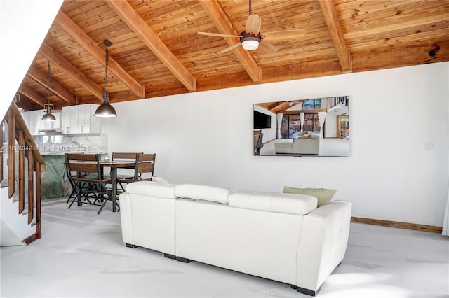 living room with lofted ceiling with beams, ceiling fan, and wood ceiling