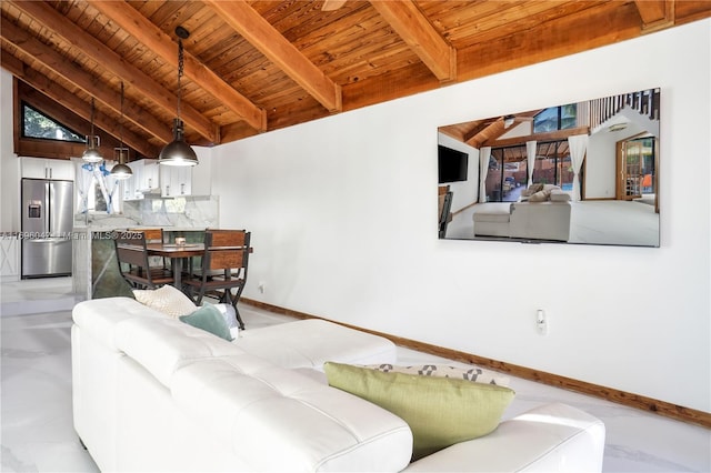 living room featuring beamed ceiling, wooden ceiling, and high vaulted ceiling