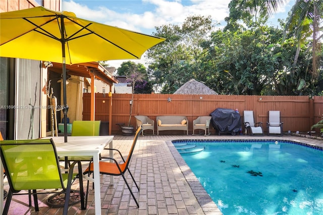 view of swimming pool with area for grilling, a patio area, and an outdoor living space