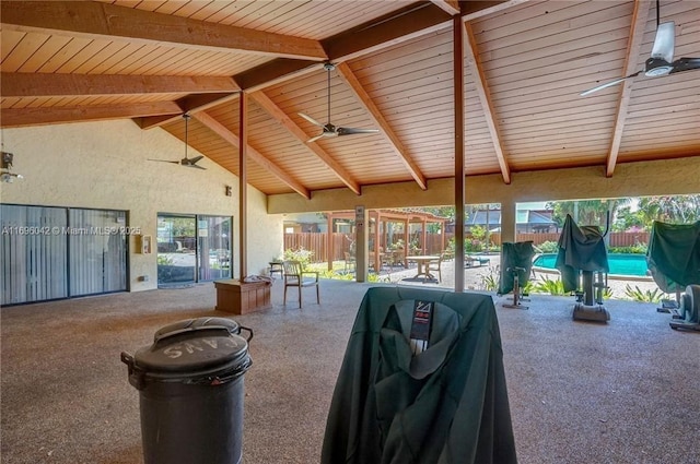 view of patio / terrace featuring a fenced in pool, grilling area, and ceiling fan