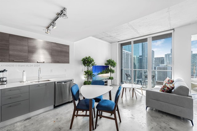 dining space with expansive windows, sink, and track lighting