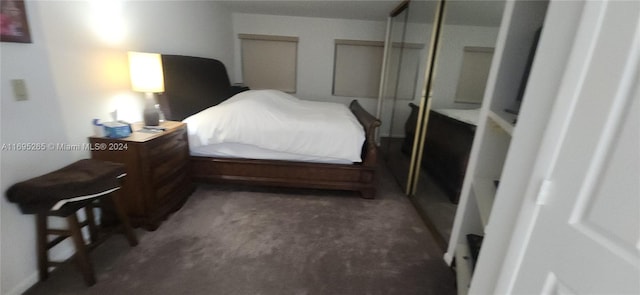 bedroom with dark colored carpet and a closet