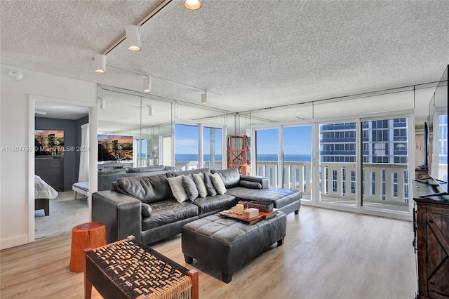 living room with hardwood / wood-style floors and a textured ceiling