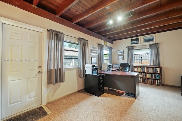 carpeted office featuring beamed ceiling and wooden ceiling