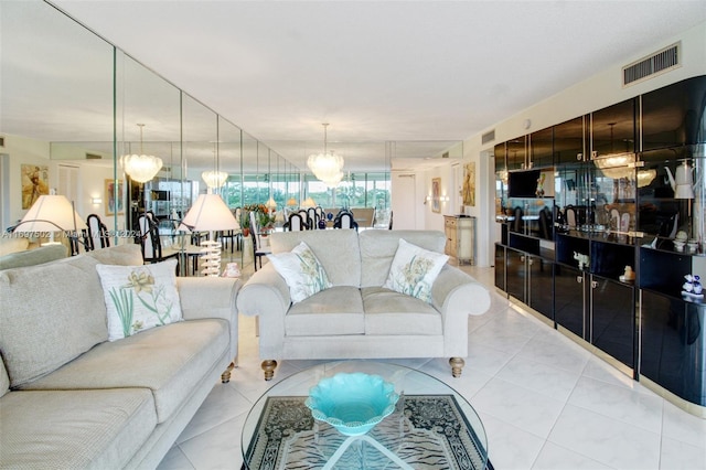 living room with light tile patterned floors