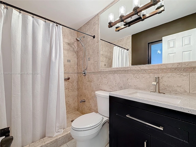 bathroom with walk in shower, backsplash, toilet, and tile walls