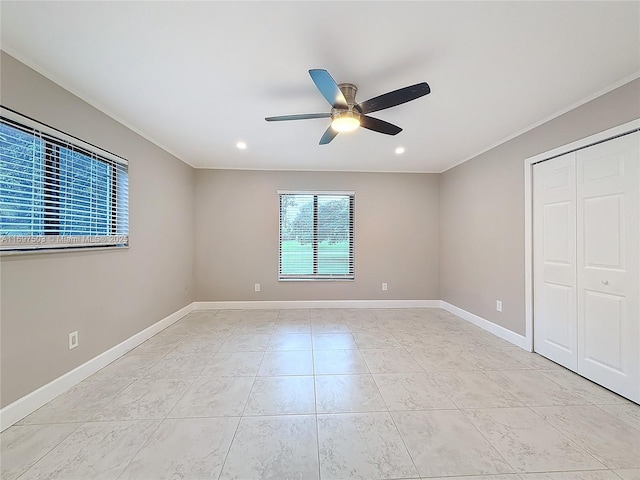 5210 SW 186th Ave, Southwest Ranches, FL 33332 - unfurnished bedroom with light tile patterned flooring, crown molding, recessed lighting, ceiling fan, and a closet