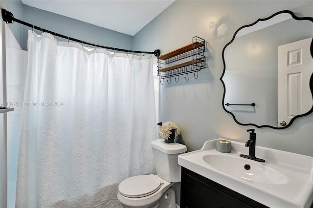 bathroom featuring vanity, toilet, and walk in shower