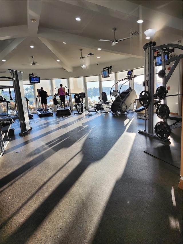 gym featuring ceiling fan