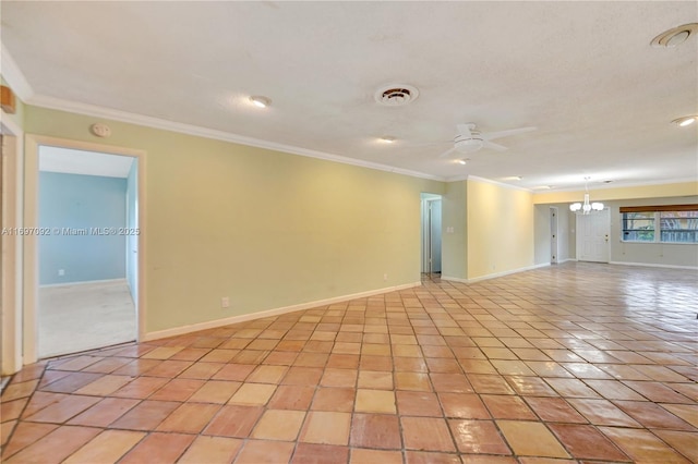 empty room with ornamental molding, ceiling fan with notable chandelier, and light tile patterned floors