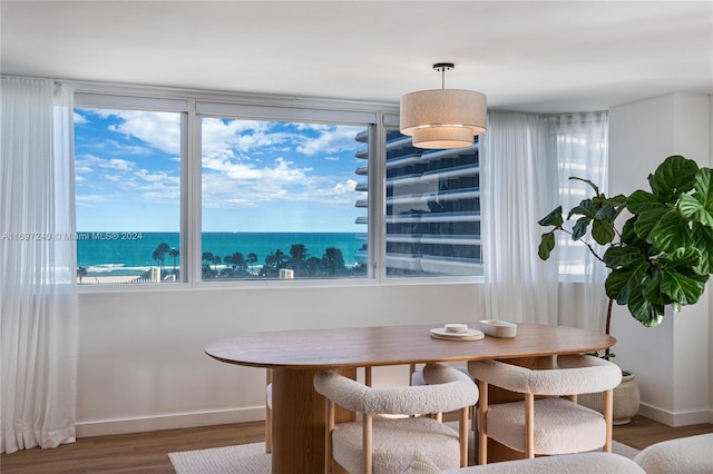 dining room featuring wood-type flooring and a water view