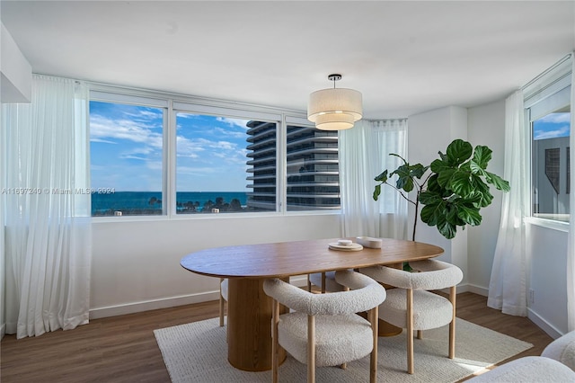 dining area with dark hardwood / wood-style floors and a water view