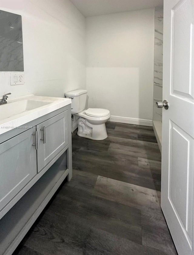 bathroom featuring vanity, toilet, and wood-type flooring