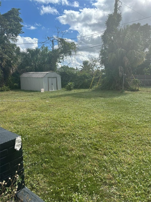 view of yard featuring a storage unit