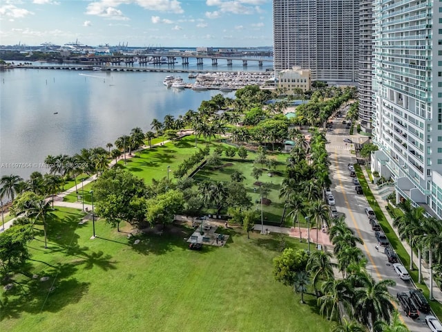 drone / aerial view with a water view